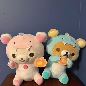 NWT Set Of 2 San-X Rilakkuma Korilakkuma Pink Blue Dino Holding Cookie 16" Plush